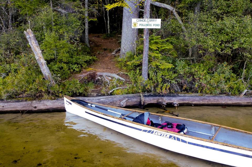 Canoe floats in the water with gear near the shore. Polliwog sign in the background attached to a tree.