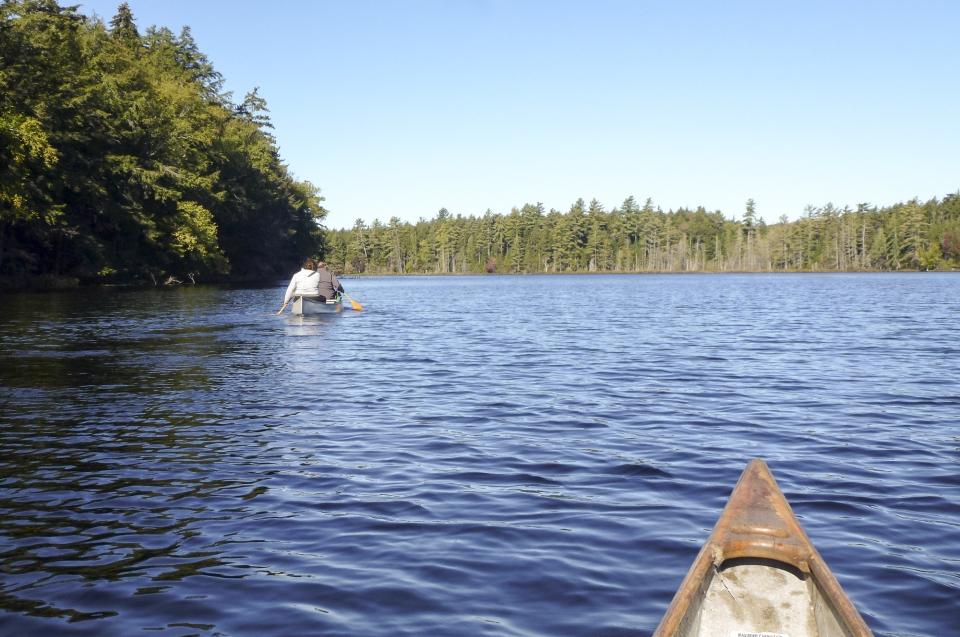 Photo from a canoe with 2 people paddling at polliwog in the distance.