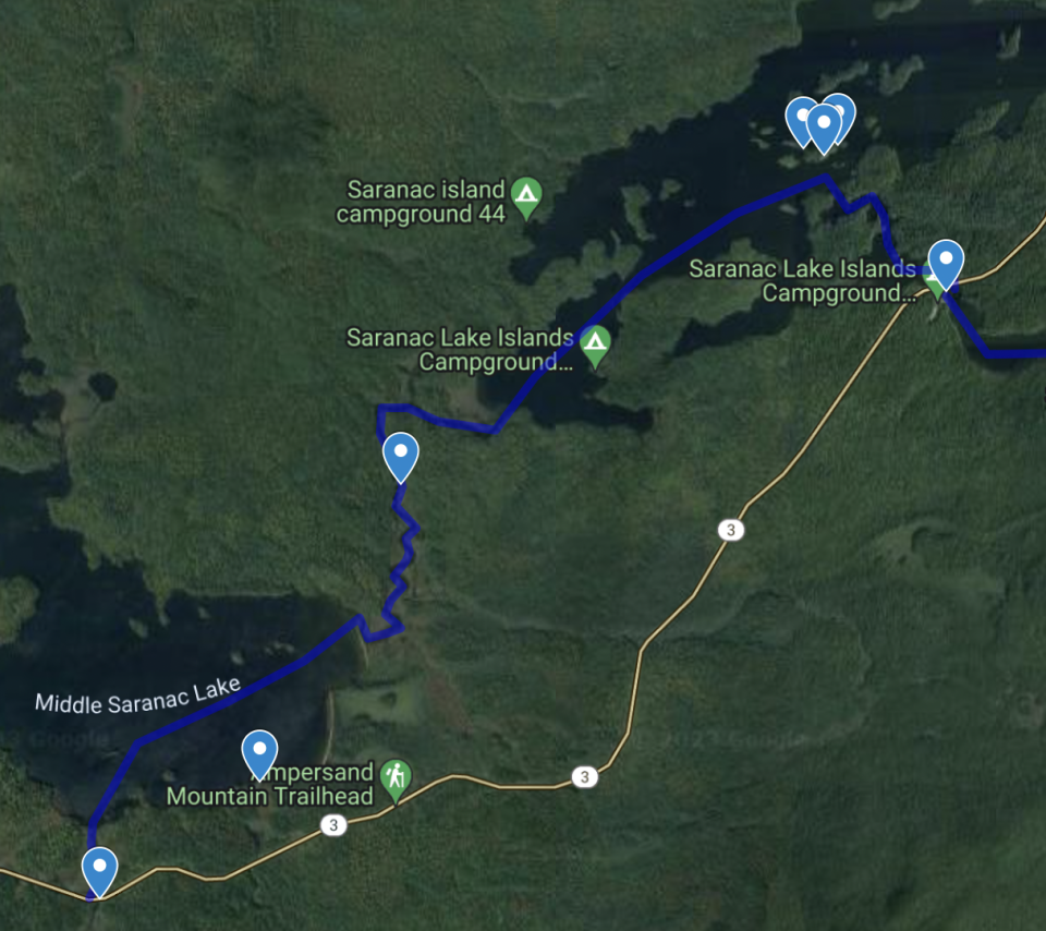 Map of a paddling route through multiple lakes and rivers