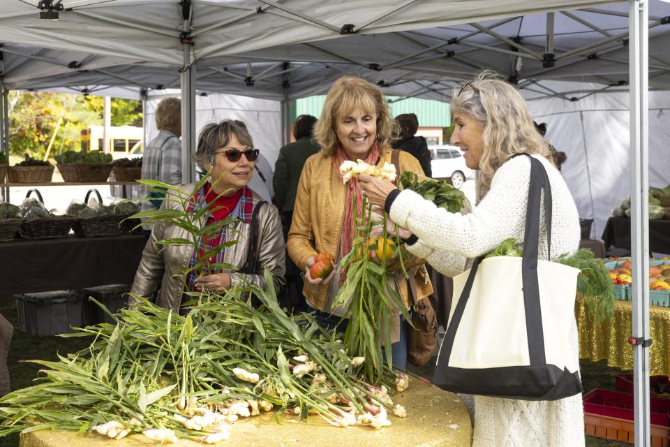 three older women select fresh vegetables during a farmers market.
