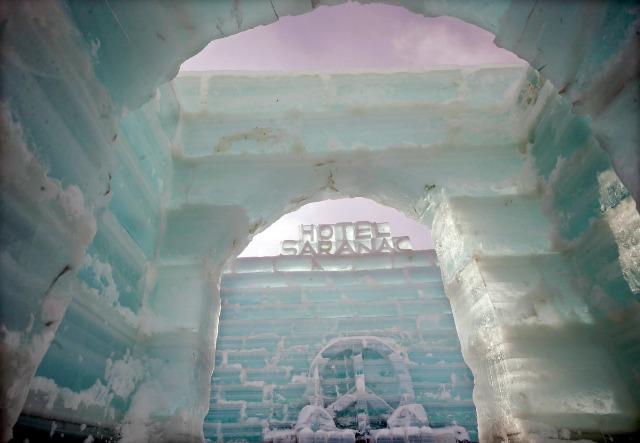 in 2015, the importance of the Hotel Saranac led to it being recreated in ice for the annual Winter Carnival (photo courtesy AP-New-York-Daily)