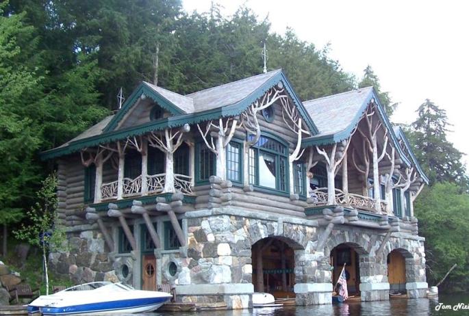 Elegant stonework and rustic architecture of an huge boat house.