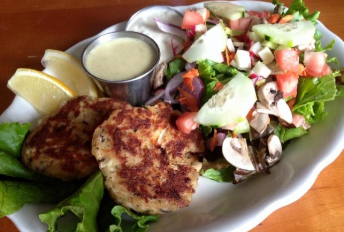 Grilled Crab Cakes and tossed salad, as featured on The Sharmrock's site and menu. Yum!