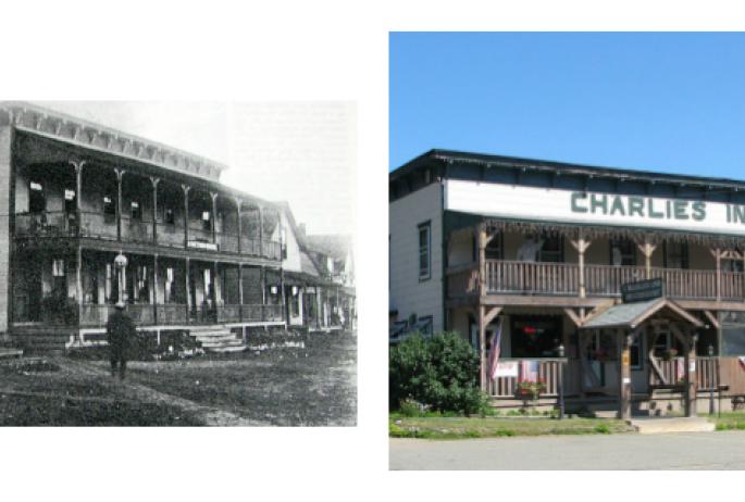 On the left, Charlie's Inn in 1912; on the right, Charlie's Inn now. (photos courtesy of Historic Saranac Lake wiki website (localwiki.org/hsl)