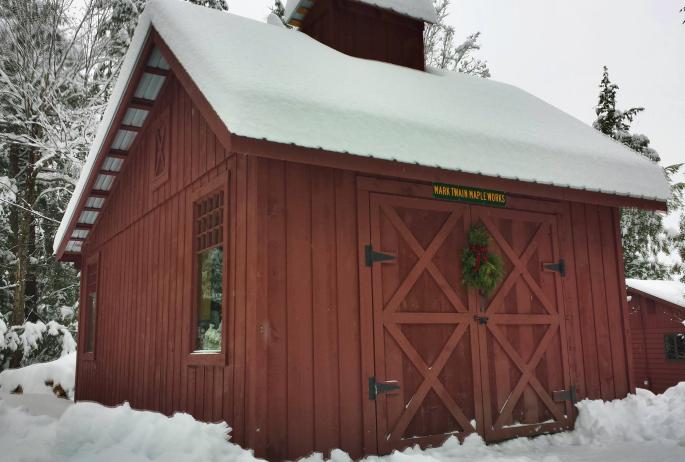 The red sugar house at Mark Twain Mapleworks in winter. Photo courtesy Mark Twain Mapleworks.