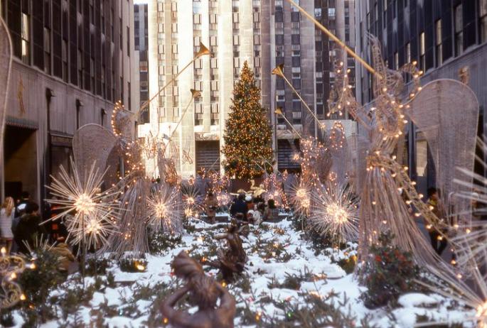 A photo of the 1969 Rockefeller Center Christmas Tree, a balsam fir selected from Saranac Lake and transported to Manhattan