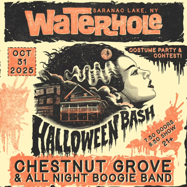 frankenstein bride looking up and above a drawing of the waterhole venue with black and orange text details