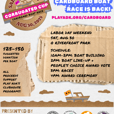 poster with event details - blocks are brown cardboard with pink and blue accents