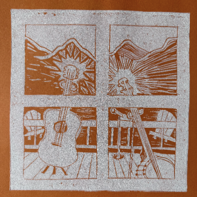 Linocut print depicting a four-panel scene of a guitar on a porch with a mountainous landscape in the background.
