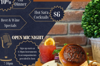 flyer displaying all their discounts and offerings alongside a delicious bright and citrus latent cocktail aside a perfectly cooked and garnished burger