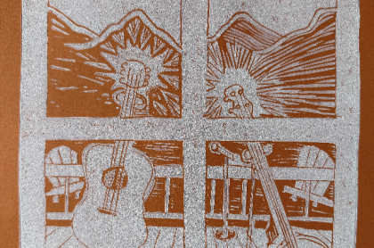 Linocut print depicting a four-panel scene of a guitar on a porch with a mountainous landscape in the background.