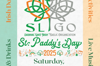 gaelic symbol poster with event details. St. Patrick's Day green and gold colors
