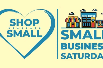 shop small event poster with blue text and drawings of small businesses