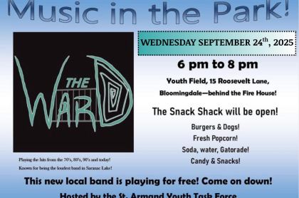 blue and white flyer with black text of event. Black box with The Ward band name