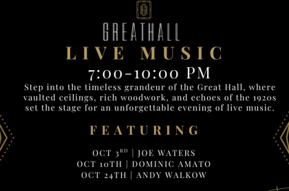 event poster with picture of elegant hotel bar and a black background with text
