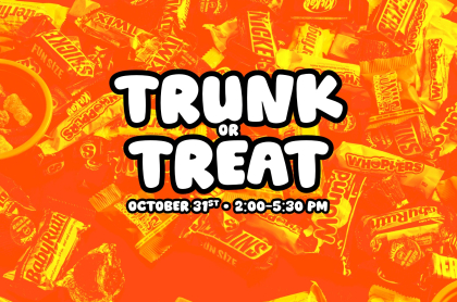 orange candy background with white event text  - trunk or treat