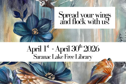 Birds of a Feather Community Art Show. APRIL. With stylized bird paintings.