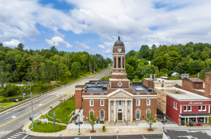 An aerial view of the clock tower at the Harrietstown Town Hall.