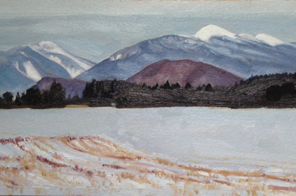 A snowy field with white capped mountains in the background