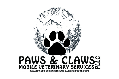 logo of black paw in front of black and white mountainscape
