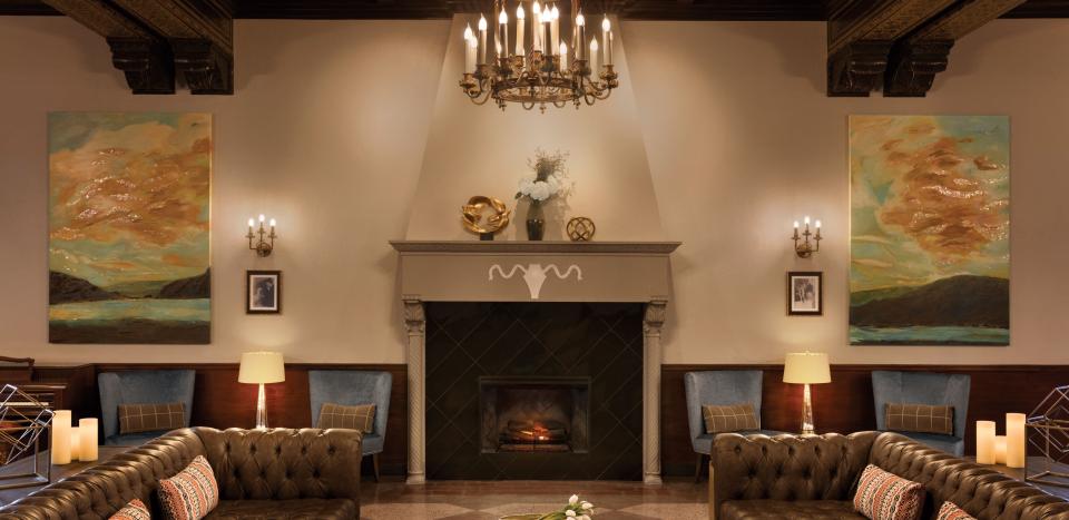 Photograph of the fireplace in Hotel Saranac's great hall