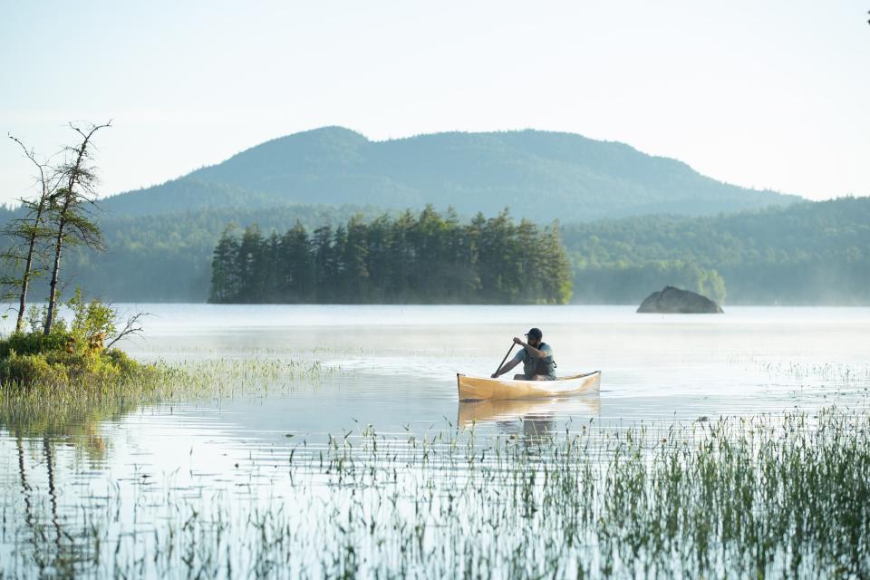 A single canoeist paddles among plants, with forested islands in the background.