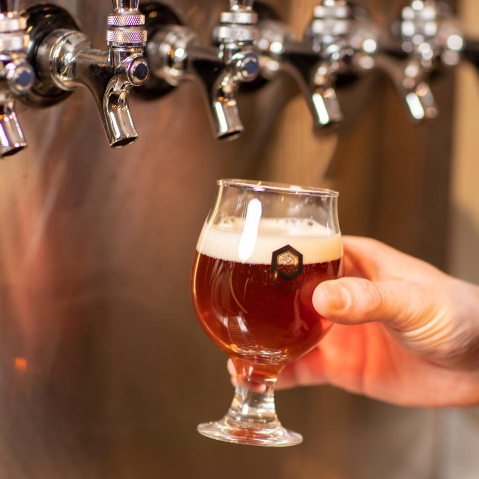 A freshly poured beverage is held in front of the taps at Hex & Hop in Bloomingdale, NY