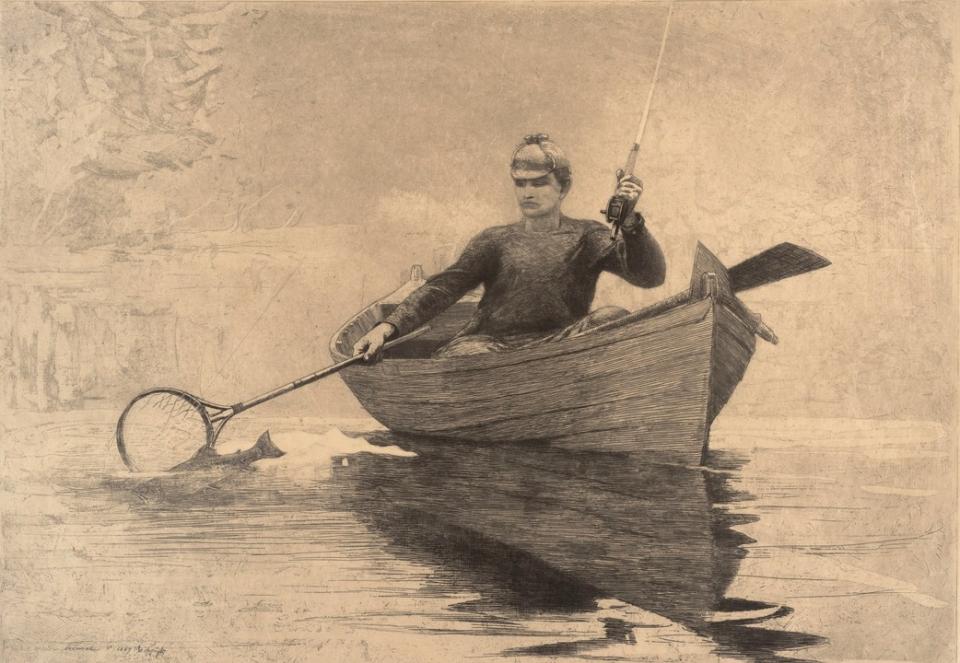 Winslow Homer illustration of a woman fly fishing in Saranac Lake.