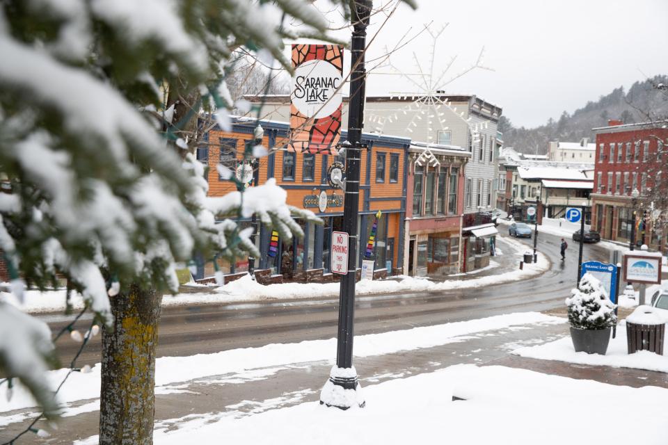 A view of Saranac Lake's downtown on a snowy winter day