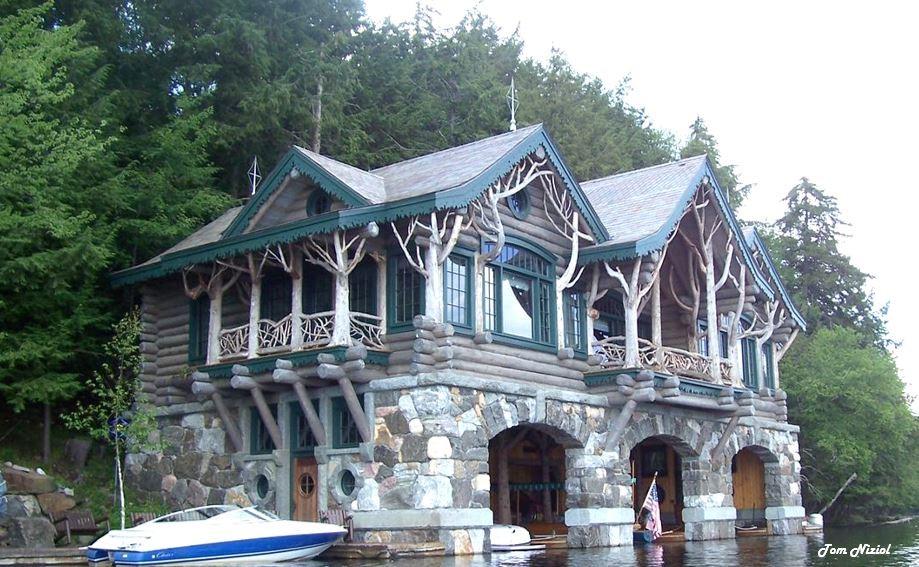 Elegant stonework and rustic architecture of an huge boat house.