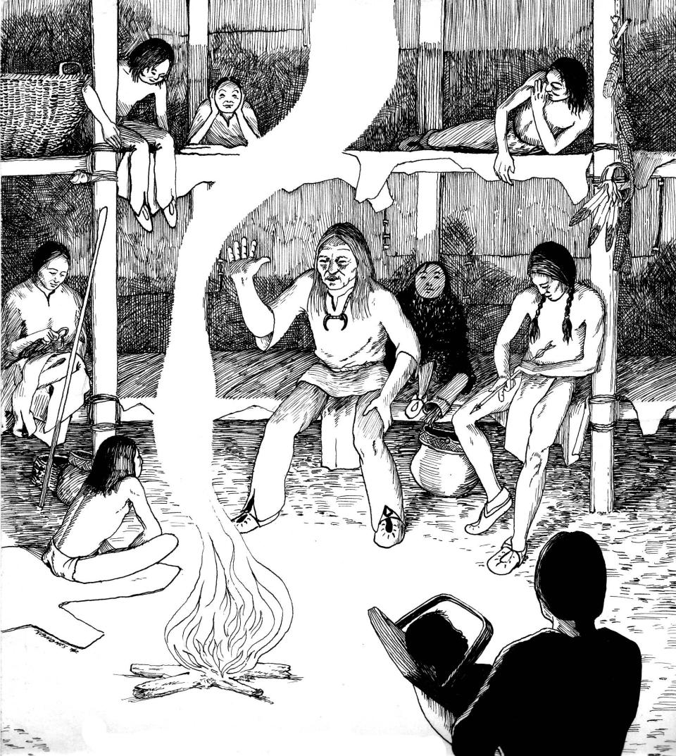 A black and white illustration of a longhouse interior, with a man telling a story by a fire. Courtesy John Fadden.