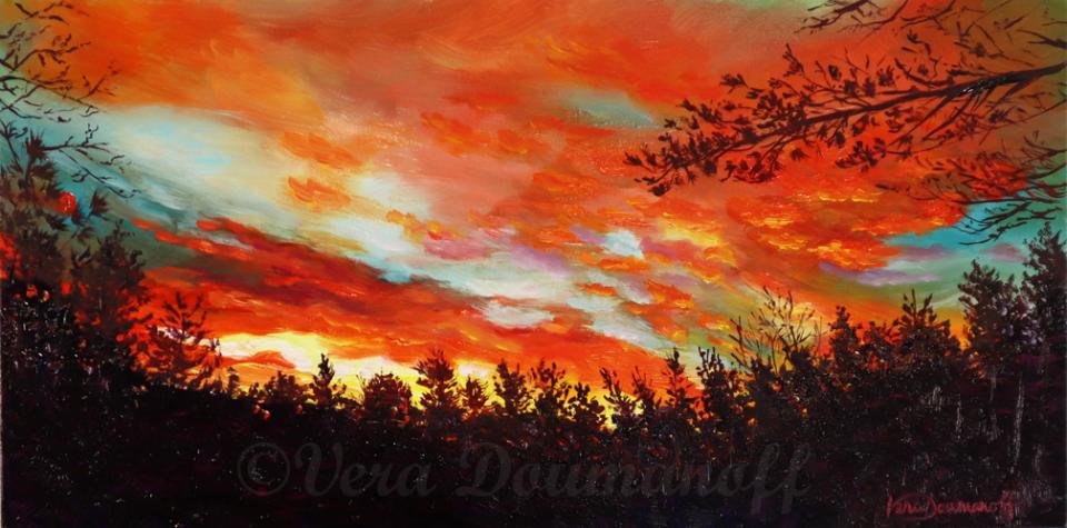 A vibrant red and orange sunset painted with oil paints.