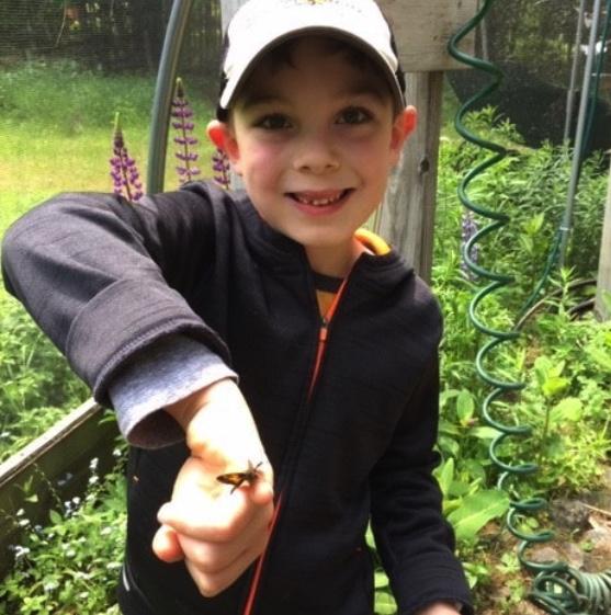 A small boy poses outdoors with a live butterfly on his hand.