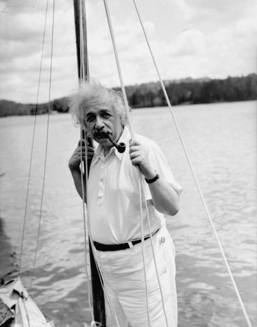 Albert Einstein sailing on his boat in Saranac Lake, NY