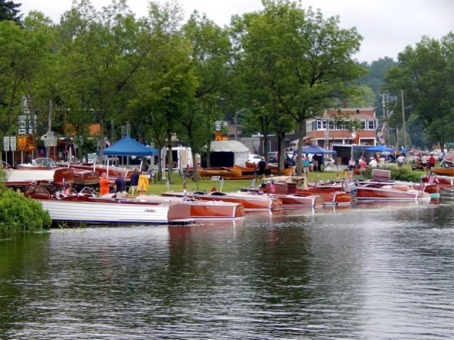 Beautiful classic wooden boats lined up for Runabout Rendezvous