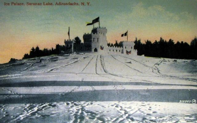 postcard of early Ice Palace, showing the slope of Slater Hill
