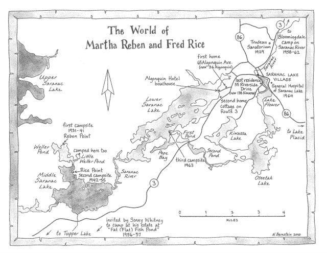 Map of the various destinations Martha & Fred would share - map by Nancy Bernstein. Source: Historic Saranac Lake.