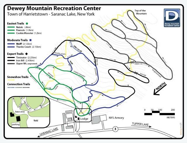 winter map of Dewey Mountain trails, cross-country, snowshoe, and skate