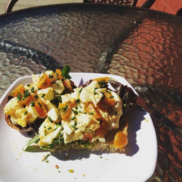 The egg salad toast, dining outside.
