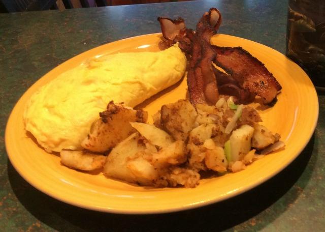 It's all good at Blue Moon Cafe, who uses real eggs and no coating on their Cafe Taters. Some places put pancake batter in the omelettes to make them fluffy, and flour on the potatoes to make them brown faster. Beware!