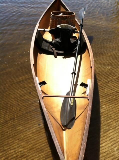 An empty brown canoe floating by the shore in shallow waters.