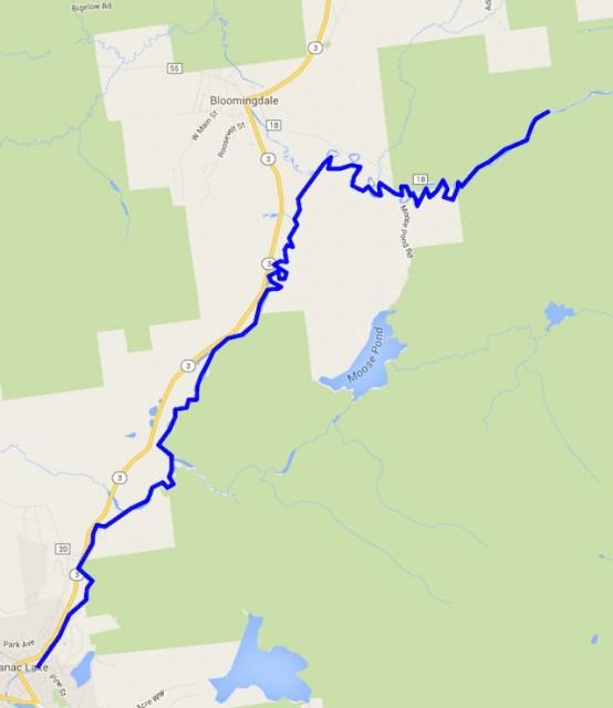 Map showing the paddling route in the Saranac River starting in Saranac Lake and ending in Bloomingdale, NY