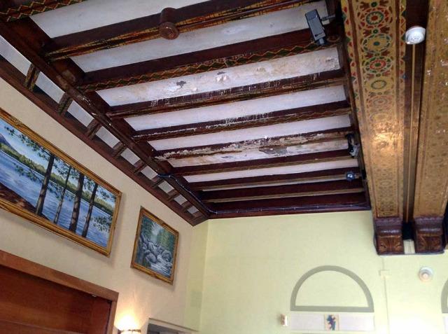 the extraordinary detailing on the beamed ceiling will be kept and restored