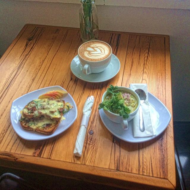 light, and delightful, fare: open-face grilled cheese with bacon and Dijon (l) chicken chili verde with avocado slices (r) cayenne mocha coffee (top)