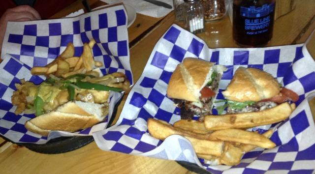 sandwiches served basket style, with perfect steak fries -- more dipping sauces, please!