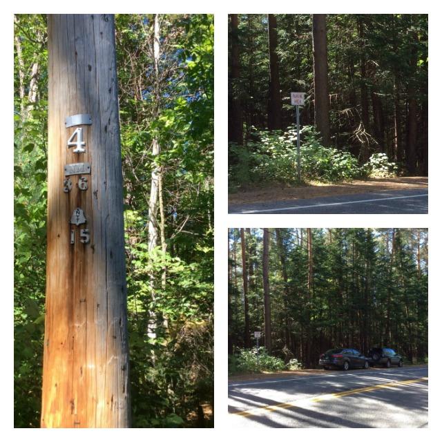 At left, the telephone pole which marks the beginning of the trail. At right, top and bottom, what the parking lot looks like.