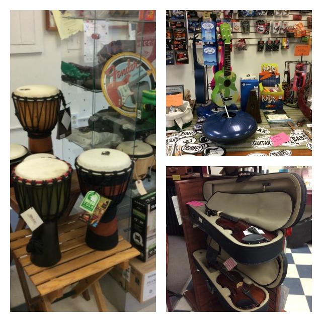 So many instruments available at Ampersound: ukelele, idiophone, kazoo, drums, and violins.