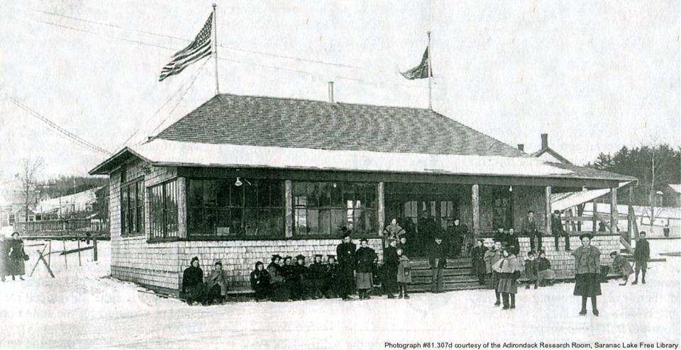 The Pontiac Club House was located in what is now the park across River Street from the foot of Franklin Avenue, roughly the location of the Ice Palace today. Photo courtesy of Saranac Lake Historical Society.