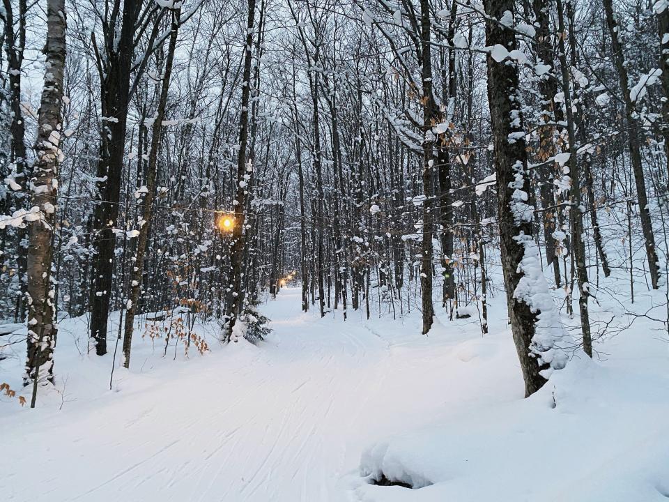 Lights strung in the trees light a ski trail at Dewey Mountain.