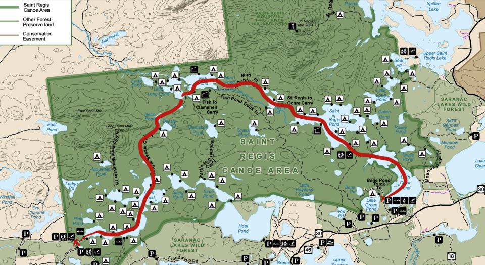 A map with ponds, campsites, and lean-tos labeled in the St Regis Canoe Area